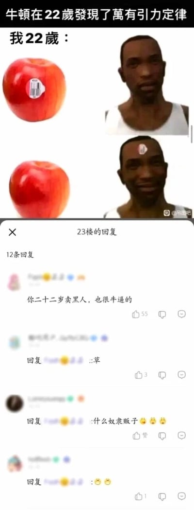 这是一张竖屏的搞笑对比类梗图，整体分为上下两个部分。上半部分以文字“牛顿在22岁发现了万有引力定律”引出，随后用“我22岁：”衔接两张对比图：第一张是带有白色价格标签的红苹果，旁边是一位穿着白色背心的黑人男性；第二张是去掉标签的红苹果，而原本在苹果上的价格标签被贴在了这位黑人男性的额头上，制造出将黑人当作可售卖商品的荒诞视觉效果，以此和牛顿的成就形成强烈反差，调侃普通人与历史名人的人生差距。下半部分是该梗图的评论区截图，最高赞评论玩梗延伸了这个视觉梗，写道“你二十二岁卖黑人，也很牛逼的”，这条评论引发了其他网友的互动回复，有人回复“::草”，有人回复“::什么奴隶贩子😡😡😡”，还有网友发送了尴尬的表情，进一步放大了这个梗的趣味性和荒诞感。