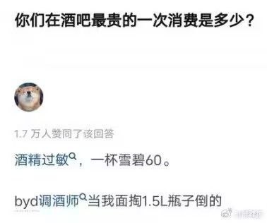 这是一张社交媒体问答类截图，顶部首先抛出问题「你们在酒吧最贵的一次消费是多少？」，下方展示了一条获得1.7万人赞同的高赞回答，回答者头像是经典的Cheems狗子表情包，回答内容称自己酒精过敏，在酒吧消费的最贵单品是一杯售价60元的雪碧，还补充吐槽调酒师是当着自己的面拿出1.5升装的大瓶雪碧倒出来装的，用夸张的反差感讽刺酒吧饮品溢价过高的现象，整体风格搞笑又容易引发大众共鸣。
