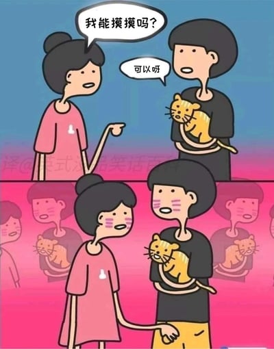 这是一幅两格连环卡通漫画，第一格中，扎丸子头的女生指着男生怀中的猫咪，一脸询问地说“我能摸摸吗？”，抱着猫的男生笑着回应“可以呀”；第二格画面氛围变为暧昧的粉红色，女生的手放在男生的裤子部位，两人的脸上都被猫咪抓出了几道红色的抓痕，表情都带着惊讶与尴尬，背景还重复出现两人和猫咪的镜像画面，通过“摸摸”的语义歧义制造荒诞搞笑的效果，让读者预期的“摸猫”变成了“摸人”，最终引发猫咪的不满，造成了尴尬又好笑的场景。