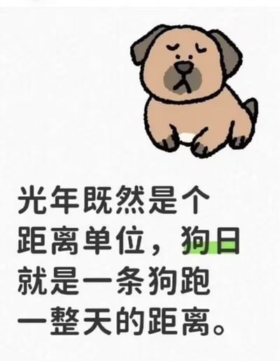 图片上方是一只卡通小狗，它耷拉着耳朵，眯着眼睛，嘴巴微抿，呈现出一种无奈又略带疲惫的表情，四肢向前伸展坐着。下方配有文字：“光年既然是个距离单位，狗日就是一条狗跑一整天的距离。” 这是一个利用类比和文字游戏制造的幽默梗，将“光年”（光在一年内传播的距离，公认的距离单位）的构词方式套用过来，虚构“狗日”为“一条狗跑一整天的距离”，形成荒诞又搞笑的效果。