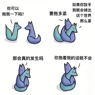 这是一张四格连环漫画，描绘了两只颜色不同的狐狸之间温馨的对话场景。左上角格子中，蓝色狐狸面向青色狐狸问道："你可以抱我一下吗?"；右上角格子中，青色狐狸询问"要抱多紧"，蓝色狐狸则回答"如果你放手我就会掉出这个世界那么紧"；左下角格子中，青色狐狸担忧地问"那会真的发生吗"；右下角格子中，蓝色狐狸回应"你抱着我的话就不会"。整个画面风格简约可爱，通过简单的对话传达出对安全感和亲密关系的渴望。