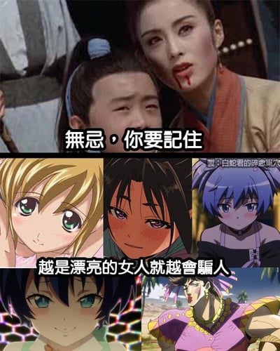 这是一张二次创作的拼接梗图，上半部分截取1993年电影《倚天屠龙记之魔教教主》中殷素素临终前叮嘱张无忌的经典场景，配文“無忌，你要记住”；下半部分拼接了五位ACG角色，配文“越是漂亮的女人就越会骗人”。其中最后一位角色是《JOJO的奇妙冒险：战斗潮流》中的男性角色西撒·安德里欧·齐贝林，他外形艳丽，被放入图中形成强烈反差，打破了“漂亮女人”的设定，制造出戏谑搞笑的错位笑点，调侃“漂亮的人（无论性别）都可能‘骗人’”的反向梗。