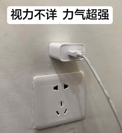 图片展示了一个白色墙壁插座，其正上方的墙面上插着一个白色插头，插头并未插入插座，而是直接插在了墙里。图片顶部有一行黑色加粗文字“视力不详 力气超强”，通过幽默的方式调侃这种错误的插头插入方式，暗示插插头的人可能视力不好（没看到插座）但力气很大（能把插头插进墙壁）。