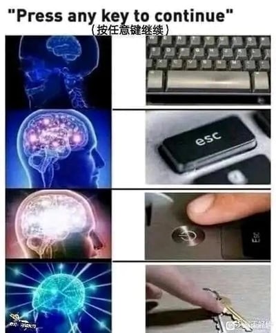 这是一组四格连环图，通过左侧大脑逐步点亮的画面，对应右侧对英文提示语“Press any key to continue（按任意键继续）”的理解变化：
1. 第一格：常规理解，对应普通键盘，认为是按键盘上的任意按键；
2. 第二格：选择了键盘上的esc键，是较为特殊的“任意键”选择；
3. 第三格：直接按了电脑主机的电源键，理解开始偏离；
4. 第四格：完全字面理解“any key”，拿出一串钥匙去按，玩了英文“key”的双关梗——key既有“键盘按键”的含义，也有“钥匙”的含义，通过逐步离谱的操作制造出荒诞搞笑的效果。