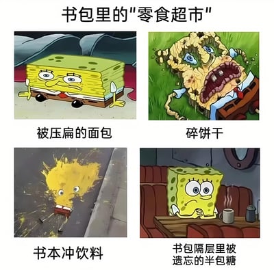 该图为2x2网格的多图拼接卡通梗图，主题为“书包里的'零食超市'”，通过海绵宝宝的四种不同惨状幽默展现学生书包中零食的常见遭遇：左上角是被压扁成方块状的“被压扁的面包”，海绵宝宝表情委屈；右上角是碎裂成多块的“碎饼干”，海绵宝宝身体断裂露出内部结构；左下角是被书本冲散成液体状的“书本冲饮料”，海绵宝宝形象飞溅；右下角是“书包隔层里被遗忘的半包糖”，海绵宝宝独自坐在桌前，表情无奈地看着杯子。每张子图下方均有对应中文描述文字，整体风格诙谐，贴近学生日常经历。