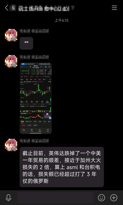 这是一段社交聊天软件的截图，时间显示为上午6:15。聊天用户先发送了一张英伟达（NVDA）的股票行情截图，截图显示英伟达当日股价大幅下跌，当前价118.575，跌幅达16.84%，市值为2.9万亿。随后用户发送一段极具夸张色彩的文字，将英伟达此次暴跌的市值蒸发规模与中美一年贸易顺差、加州大火损失、俄罗斯三年战争消耗（含ASML和台积电的相关损失）进行对比，以此凸显此次科技龙头股暴跌的惊人程度，用冲击力极强的类比来调侃这一财经事件。