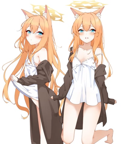 插画中展示了两个造型相似的猫耳少女，均为橙黄色长发、蓝色眼眸，头顶有金色光环。左侧少女面带红晕，眼神羞涩，右手轻拉黑色长袍衣摆，姿态略显拘谨；右侧少女表情平静自然，双膝跪地，黑色长袍自然垂落。整体画面采用白色背景，突出角色的可爱与灵动气质。
