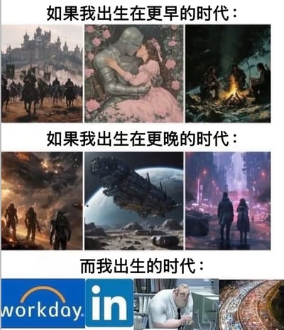 这是一张多图拼接对比梗图，通过三组图片展现不同时代出生的反差感。上部分"如果我出生在更早的时代"展示了中世纪城堡与骑士、骑士与少女浪漫相拥、篝火旁聚会的场景；中间部分"如果我出生在更晚的时代"呈现了科幻战士、太空飞船和未来都市画面；下部分"而我出生的时代"则是Workday和LinkedIn标志、疲惫的办公族以及拥堵的交通，形成理想与现实的幽默对比，调侃现代生活的平淡与压力。