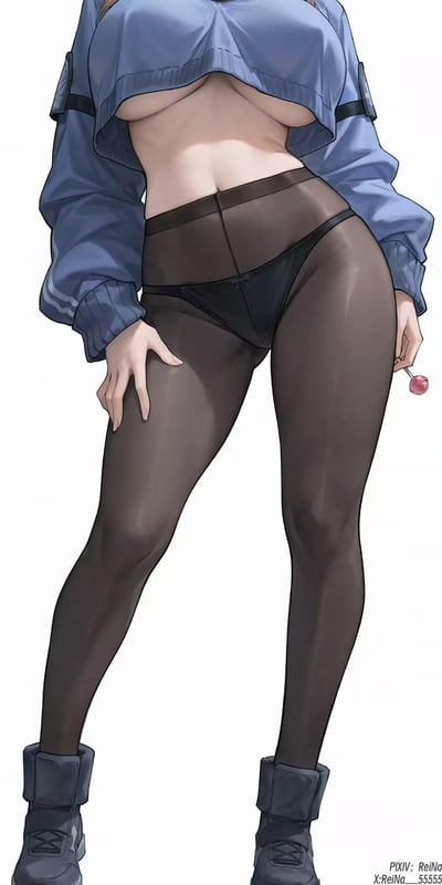 这是一幅二次元风格的原创手绘插画，展示了一位女性的下半身与部分上半身：她穿着短款露脐蓝色外套，露出腰腹与部分胸部；下身穿着黑色内裤外搭黑色连裤丝袜，左手自然扶在自己的大腿上，右手拿着一支粉色棒棒糖，整体姿态慵懒性感。画面刻画十分细腻，衣物的褶皱、丝袜的光泽质感都有细致的表现，背景为纯白色，突出了人物主体。