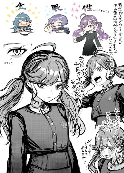 这是一张原创二次元手绘设定图，展示了一位双马尾制服少女的多面状态：<br>1. 上方Q版小图呈现三种日常状态：开心吃饭、抱着玩偶困倦入睡、一脸不爽的傲娇模样，配文说明这并非字面的“食、眠、性”，而是少女压抑下的日常；<br>2. 中间展示了少女的眼睛细节标注，以及两种核心反差状态：左侧是冷静淡漠的站姿少女，右侧是愤怒咆哮、手指前方的失控状态，配着激烈的日文对白；<br>3. 下方还有少女崩溃哭泣的模样，配文表现她情绪的极端爆发。<br>旁边的日文文字补充说明：这位少女平时只是压抑自己，本性其实感情丰富，一旦爆发就会情绪失控。图中无谐音或双关梗。