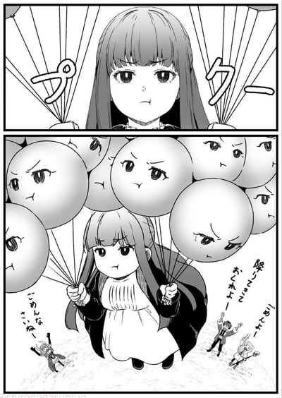 这是《葬送的芙莉莲》的同人黑白漫画，分为两格：第一格展示气鼓鼓的玛荷，手中的气球线发出「プクー」的声响；第二格中玛荷双手握着一串画着生气表情的气球，整个人被气球带着升空，下方的芙莉莲、辛美尔等同伴着急地挥手呼喊，分别喊着「对不起啦——」「快下来啊！」「对不起哦——」，玛荷始终保持气鼓鼓的表情，气球们也都是气呼呼的神态，整体画面充满可爱又搞笑的反差感，是对角色生气场景的趣味二创。