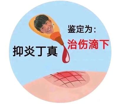 这是一张由网友创作的P图改编类谐音梗表情包，画面将丁真面带笑容的脸部合成到碘伏瓶的瓶身位置，该“碘伏瓶”正往下方带有红色网格状的皮肤伤口处滴落液体；图中配有黑色文字“抑炎丁真”（谐音日常消毒用品“碘伏”），以及“鉴定为：治伤滴下”的文字，通过名字谐音和图像场景结合，将碘伏消炎治伤的功能以幽默玩梗的方式呈现，整体风格搞笑诙谐，适合在社交场景中用来调侃伤口处理相关话题，或是作为趣味互动的素材。