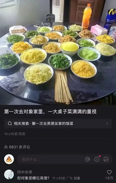 这是一张社交媒体平台的截图，截图上半部分展示了一张圆桌，桌上摆放着二十余道菜品，全部为清炒蔬菜、豆制品类的素餐，菜品样式较为单一，桌中央放置着一捆筷子，桌角还有一瓶橙色瓶装饮料；下半部分是社交平台的内容界面，发布文案为“第一次去对象家里，一大桌子菜满满的重视”，下方附带相关搜索“第一次去男朋友家的饭菜”，发布信息显示为“16小时前 陕西”，评论区共有9831条评论。其中获赞1.6万的热门评论为用户“雨中依偎”所发的“你对象是哪位高僧？”，这条评论是玩梗调侃，因为满桌素餐类似寺庙斋饭，和文案里的“满满的重视”形成反差，制造出搞笑的效果。