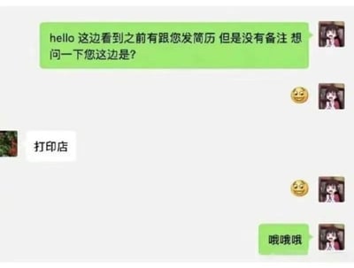 这是一张聊天记录截图，展示了一段尴尬又搞笑的对话。绿色气泡消息来自求职者：“hello 这边看到之前有跟您发简历但是没有备注想问一下您这边是？”，对方回复“打印店”，求职者随后用“哦哦哦”回应，搭配惊讶表情的动漫头像，生动呈现了误发简历给无关联系人的社死瞬间。