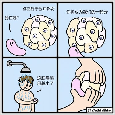 这是一则四格脑洞卡通漫画，以拟人化的视角讲述小肥皂的经历：第一格，一块粉色小肥皂一脸疑惑地发问“我在哪？”，旁边由剩余肥皂块组成的多眼肥皂团告知它“你正处于合并阶段”；第二格，肥皂团继续说道“你将成为我们的一部分”，小肥皂开始被融入肥皂团；第三格，画面切换到现实场景，一名男子正在淋浴，手里拿着越用越小的肥皂，疑惑地念叨“这肥皂越用越小了”；第四格，一双手将剩下的几块小肥皂捏合在一起，揭晓了小肥皂的最终去向——被人类捏成一团继续使用。漫画用奇幻的拟人化设定，解构了人们日常将小肥皂合并使用的生活小事，充满趣味与脑洞。