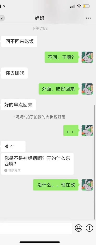 这是一段微信平台的私人聊天记录截图，内容是用户与妈妈的日常对话：妈妈先询问用户是否回家吃饭，在得知用户计划在外用餐后，叮嘱用户早点回来；随后触发了微信的拍一拍功能，由于用户设置了不当的拍一拍后缀“大jb说好硬”，系统显示“妈妈拍了我的大jb说好硬”，妈妈随即发送语音并转文字质问用户“你是不是神经病啊？弄的什么东西啊？”，用户回复会修改该设置，整个场景是典型的因自定义功能设置不当引发的社死瞬间，充满了尴尬氛围。