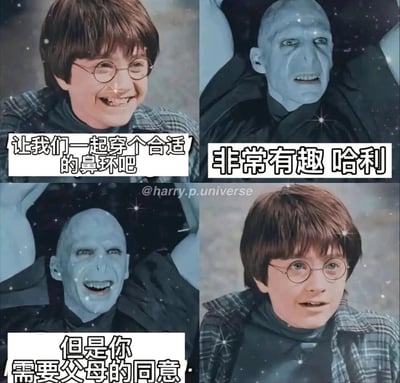 这是一张由《哈利波特》系列电影截图改编的四格恶搞梗图，通过重新配文制造搞笑反差效果。第一格中哈利波特笑着提议和伏地魔一起穿鼻环；第二格伏地魔假笑着回应觉得这个提议很有趣；第三格伏地魔突然提出哈利需要获得父母的同意才能穿鼻环；第四格哈利波特露出惊讶错愕的表情——由于哈利的父母在他幼年时就已离世，伏地魔的这句话精准戳中了哈利的痛点，形成了讽刺又好笑的喜剧效果，用看似日常的对话制造出针对哈利的恶意玩笑。