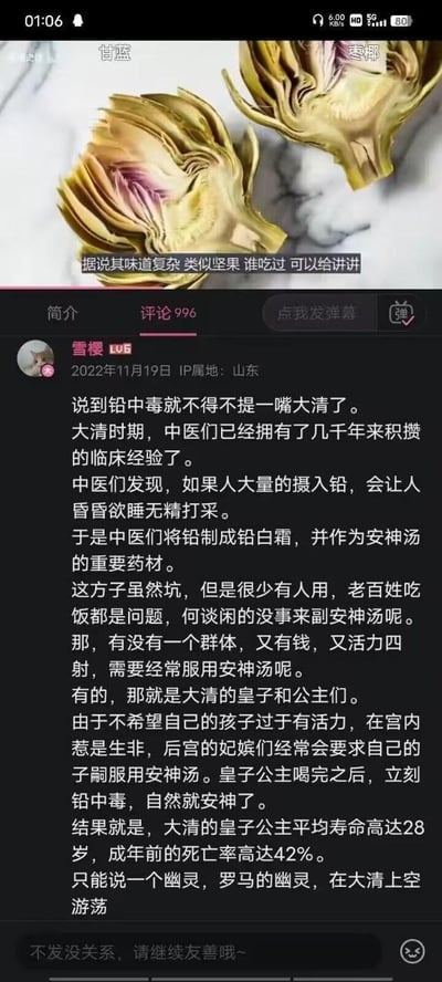 图片上半部分为朝鲜蓟特写图，配文“据说其味道复杂 类似坚果 谁吃过 可以给讲讲”。下半部分是社交媒体评论截图，用户“雪樱”于2022年11月19日发布于山东，内容称清朝中医将铅制成铅白霜作为安神汤药材，皇子公主因服用导致铅中毒，平均寿命28岁，未成年死亡率42%，讽刺“罗马的幽灵在大清上空游荡”。整体为图文混排的历史科普类内容，带有对古代医疗误区的批判意味。