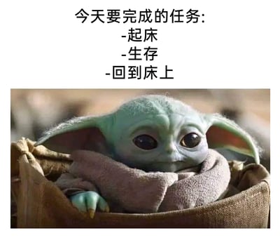 这是一张图文混排的表情包，上方用黑色文字列出了极简版的每日任务：起床、生存、回到床上，下方是美剧《曼达洛人》中的角色格洛古（尤达宝宝）待在布筐里的画面，它眼神黯淡、表情蔫蔫的，看起来疲惫又无力。文字与画面结合，精准传递出当代人尤其是职场人对日常的摆烂心态，将一天的生活简化为最基础的生存步骤，充满自嘲与佛系的幽默感，极易引发人们对疲惫日常的共鸣，适合用来表达不想努力、只想躺平的情绪。