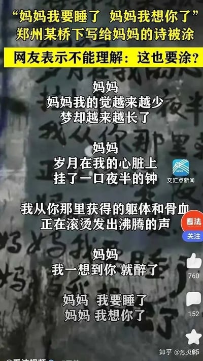 这是一张竖屏格式的社交媒体新闻截图，核心内容是郑州某桥下被涂掉的一首写给母亲的抒情诗。诗歌以直白又深情的语句，表达了对母亲的深切思念与眷恋，如“岁月在我的心脏上挂了一口夜半的钟”“我一想到你 就醉了”“妈妈 我要睡了 妈妈 我想你了”等句子，充满真挚的情感。图片上方的黄色标题栏点明事件：这首饱含亲情的诗歌被涂，网友对此表示不能理解，发出“这也要涂？”的疑问。图片右侧带有“交汇点新闻”的媒体标识、“看法 关注”的栏目标识，以及点赞760、评论152、收藏的网友互动数据，右下角标注了知乎用户@烈火街的来源信息，整体呈现了一个引发网友关注与讨论的社会小事件，传递出大众对真挚亲情表达被无端抹去的惋惜与不解。