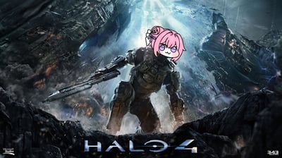 这是一张将《胜利女神：妮姬》的二创角色Doro头部拼贴到《HALO 4》海报机甲战士身上的搞笑图片。背景是《HALO 4》标志性的科幻废墟场景，破碎的金属结构与光束交织，营造出史诗感；前景中机甲战士身着厚重装甲、手持枪械，姿态英勇坚毅，而其头部被替换成粉色头发扎成小卷、紫色眼睛的呆萌Doro形象，形成严肃战斗氛围与可爱萌系表情的强烈反差萌。图片底部中央有“HALO 4”标题，左下角和右下角分别标注“Microsoft Studios”与“343 Industries”水印。Doro文化以“哦润吉”（橘子）元素和“结局文学”为核心，通过悲情故事反映当代青年的情感需求和心理状况。