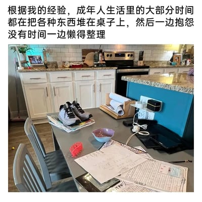 图片上方配有文字：'根据我的经验，成年人生活里的大部分时间都在把各种东西堆在桌子上，然后一边抱怨没有时间一边懒得整理'。下方是一张厨房场景的照片，中央的餐桌堆满了各种物品，包括灰色运动鞋、卷起来的图纸、紫色碗、散乱的纸张（上面有手写文字和涂鸦）、插满充电器的插线板、平板电脑等，桌面杂乱无章，背景是白色橱柜和不锈钢炉灶，整体呈现出成年人生活中常见的凌乱状态，带有自嘲和共鸣的幽默。