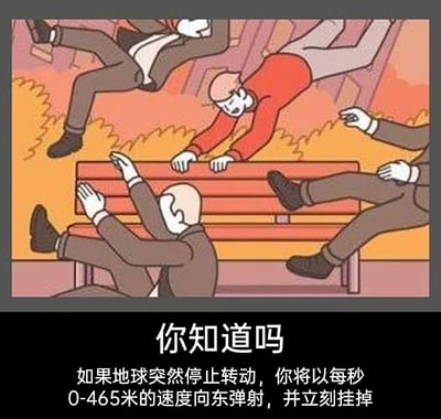 这是一张顶配底文的科普趣味图，上方的卡通插画描绘了四位穿着西装的卡通人物因突然的外力被失控弹飞的场景：有的身体腾空、有的双手撑在公园长椅上前倾、有的向后仰撞在长椅下方、有的腿部搭在长椅上向侧方甩飞，人物姿态各异，直观呈现出高速弹射的失控状态；下方配有文字说明“你知道吗 如果地球突然停止转动，你将以每秒0-465米的速度向东弹射，并立刻挂掉”，用夸张的画面配合直白的文字，将地球停转后人类因惯性被高速甩飞的抽象物理知识转化为生动的视觉画面，便于大众理解这个科普冷知识的可怕后果。