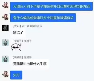 这是一张来自国内即时通讯软件的群聊截图，群内用户围绕“童年经历对个人偏执、癖好的影响”展开闲聊：有用户提出“大部分人的下半辈子都在弥补自己童年没得到的东西”，另一位用户补充“有什么偏执或者癖好多少和童年境遇有关”；用户陈Sir突然发言“在，看看剩余价值”随后又说“别骂了”，疑似玩梗；之后用户[喵喵子]呱呱子结合前面的话题提出疑问“那我是抖m是什么毛病”，最后有用户用直白的“欠打”回应，用玩笑的方式解答了这个问题，制造出轻松幽默的聊天氛围，是典型的网友趣味闲聊内容。