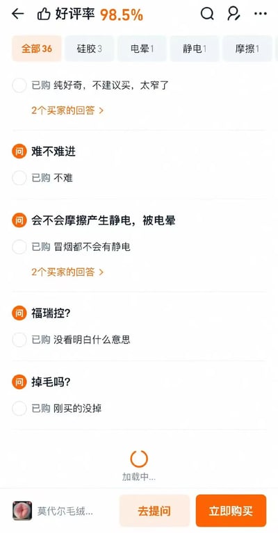 这是一张电商平台商品评论区的截图，顶部显示好评率98.5%，下方有多个用户提问及已购买家的回答。问题包括“难不难进”“会不会摩擦产生静电，被电晕”“福瑞控？”“掉毛吗？”等，回答多为简短直白的反馈，如“不难”“冒烟都不会有静电”“没看明白什么意思”等。底部有“加载中...”提示和“立即购买”按钮，商品可能为“莫代尔毛绒...”相关产品。