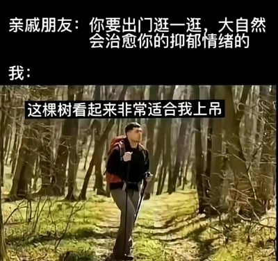 这是一张图文结合的扎心梗图，上方文字呈现了亲戚朋友对抑郁情绪者的建议：认为出门接触大自然就能治愈抑郁；下方是一位背着登山包、手持登山杖在林间徒步的真人，配文则是抑郁情绪者的内心真实吐槽“这棵树看起来非常适合我上吊”。图片通过强烈的文字反差，用黑色幽默的方式讽刺了亲友对抑郁情绪的片面认知，展现了抑郁情绪无法被简单建议轻易治愈的真实心境，搞笑又带着戳人的现实感。