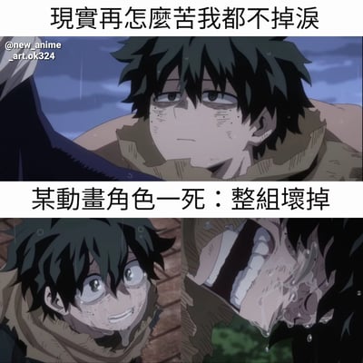 这是一张两格拼接的动漫梗图，上半部分是绿谷出久在雨中表情坚毅的画面，配文'现实再怎么苦我都不掉泪'；下半部分是他痛哭流涕的特写，配文'某动画角色一死：整组坏掉'。通过角色在不同情境下的情绪对比，幽默地表达了动漫爱好者对虚构角色命运的强烈情感反应，即使面对现实困难能保持坚强，看到喜爱的动漫角色死亡却会情绪崩溃。