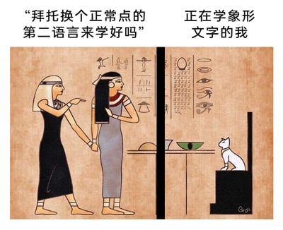 这是一张采用古埃及壁画艺术风格制作的左右分栏搞笑漫画，精准展现了语言学习中的反差场景：左侧画面里，身着黑色长裙的吐槽者一脸无奈，拉着身旁灰裙人物的手腕，手指向右侧，配文“拜托换个正常点的第二语言来学好吗”，传递出旁人对选择学习象形文字的不解与嫌弃；右侧画面中，一只白猫摆出与上方象形文字高度相似的姿势，端坐在黑色台面上，旁边的桌案摆放着碗碟，上方是古埃及象形文字，配文“正在学象形文字的我”，生动刻画了沉浸在象形文字学习中的人，已经将现实中的事物与象形文字混淆，满脑子都是象形文字的状态。整幅作品用复古的视觉风格结合生活化的吐槽，制造出强烈的搞笑效果，极易引发语言学习者的共鸣。