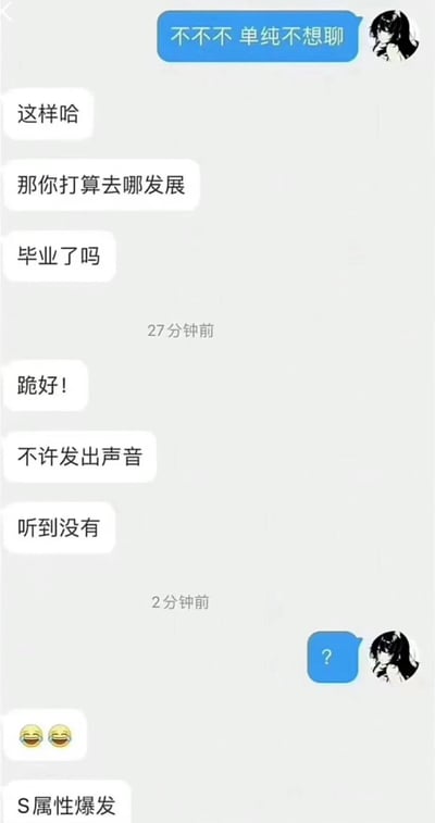 这是一张聊天记录截图，展示了两个人的对话内容。一方用蓝色气泡表示，另一方用白色气泡表示。蓝色气泡方一开始表示"不不不 单纯不想聊"，而白色气泡方随后问了一系列问题，包括"那你打算去哪发展"和"毕业了吗"。之后对话风格突变，白色气泡方突然说"跪好!"、"不许发出声音"、"听到没有"，最后以"S属性爆发"结尾，并配有两个大笑的表情符号。