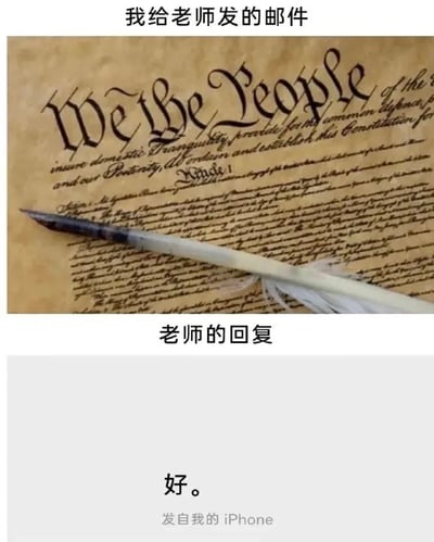 图片分为上下两部分，形成幽默对比。上半部分标题为“我给老师发的邮件”，背景是带有“我们人民”（We the People）字样的美国宪法风格羊皮纸文档，上面还有一支羽毛笔，暗示学生发送的邮件内容极其正式、冗长且郑重其事。下半部分标题为“老师的回复”，背景是类似手机短信的灰白界面，仅有简洁的“好。”一字回复，下方还有“发自我的 iPhone”字样，凸显老师回复的简短与随意。通过这种夸张的形式反差，调侃了学生过度正式的沟通方式与老师高效简洁回应之间的趣味对比。