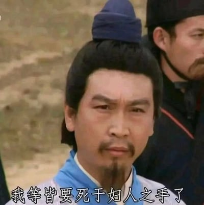 这是一张1994版央视《三国演义》的剧照截图，图中身着古装的文臣眉头紧锁，面露忧虑凝重的神情，画面下方配有改编后的字幕“我等皆要死于妇人之手了”。该梗图通过替换原作台词，制造戏谑效果，通常被用来调侃或吐槽被女性相关的人、事拿捏，陷入身不由己的无奈处境，没有双关、谐音等特殊梗，核心是借古装剧的严肃画面与搞笑改编台词的反差来传递情绪。