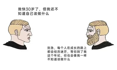 图片中两个卡通人物面对面站立，左侧为无胡须的年轻角色，右侧为有胡须的年长角色。左侧角色上方文字为“我快30岁了，但我还不知道自己该做什么”，表达了对人生方向的迷茫；右侧角色下方文字回应“别急，每个人在成长的路上都会经历迷茫，等你到了我这个年纪，你也会像我一样不知道该做什么”，通过反转“前辈安慰”的预期，以幽默方式展现不同年龄段可能共有的人生困惑，引发共鸣。