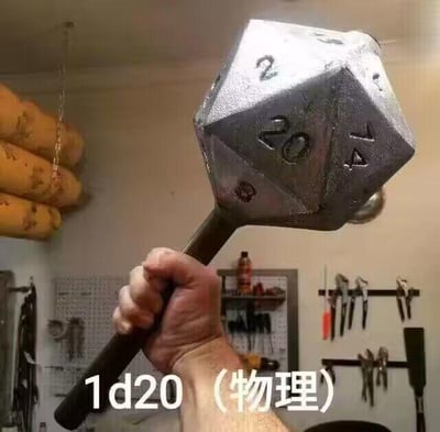 一只手握着一把创意锤子，其锤头被打造成巨大的金属20面骰子（d20）形状，表面可见数字“2”“20”“4”等刻印。背景是典型的 workshop 环境，墙上挂着工具架和各式工具，左侧悬挂着几卷黄色筒状物品。图片下方叠加文字“1d20（物理）”，巧妙玩梗：在桌面角色扮演游戏（如《龙与地下城》）中，“1d20”指掷一次20面骰子进行判定，而此处“物理”二字强调这是真实可触摸的实体道具，将虚拟游戏元素转化为硬核物理工具。
