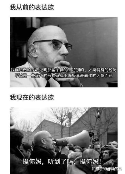 这是一张上下对比图，通过两张诺姆·乔姆斯基的照片对比了一个人表达欲的变化。上半部分标题为“我从前的表达欲”，显示乔姆斯基沉思的形象，配文是深奥的哲学思考：“我们想做的是去证明那些个体的、特别的、人类特有的经历不过是一些庞大的形式系统下面极其表面化的闪烁而已”。下半部分标题为“我现在的表达欲”，显示乔姆斯基手持扩音器对着人群大喊的形象，配文是简单粗暴的“操你妈，听到了吗，操你妈！”。这种强烈的反差产生了幽默和讽刺效果，反映了人们表达欲从复杂深刻到简单直接的转变。