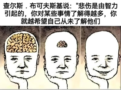 图片上方为查尔斯·布可夫斯基的名言：“悲伤是由智力引起的，你对某些事情了解得越多，你就越希望自己从未了解他们”。下方是三格连环图，每格均为一个手托下巴的头部形象：左格头部内有大面积复杂纹理的金色大脑，人物表情中性；中格头部内大脑体积显著缩小，表情依旧平静；右格头部内大脑仅剩微小一团，人物露出明显微笑。整体通过大脑体积从大到小、表情从平静到微笑的变化，视觉化呈现“知识越少越快乐”的反讽意味，呼应上方关于智力与悲伤关系的名言。