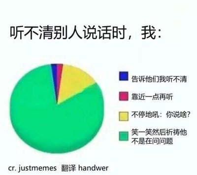 这是一张以饼图形式展现的搞笑梗图，标题为“听不清别人说话时，我：”。图片通过不同颜色的饼图区域，展示了人们在听不清别人讲话时的几种常见反应。绝大部分（绿色区域）选择“笑一笑然后祈祷他不是在问问题”，反映出大家面对尴尬局面时常常选择假装听懂。其他区域包括“告诉他们我听不清”、“靠近一点再听”和“不停地问：你说啥？”。

没有谐音梗或双关，但有社交尴尬的幽默暗示。