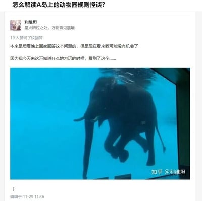 这是一张来自知乎平台的回答截图，顶部的问题为「怎么解读A岛上的动物园规则怪谈？」。知乎用户「利维坦」针对该问题进行了回答，称原本计划回家后详细解答，但现在自己可能已经没有机会回答，原因是自己在某个地方游玩时看到了不符合常规认知的场景——水下的大象，并附上了一张水下大象的实拍图。A岛动物园规则怪谈是起源于A岛的开放式网络规则类怪谈，它通过一系列看似矛盾的游客守则、员工守则、海洋馆告示等内容，构建出一个存在名为“它”的异常存在的诡异动物园世界观，这些规则的核心是帮助不同身份的人规避“它”的污染与影响，大象是该怪谈中的关键异常标识，当出现如大象在水中这类不符合常规的场景时，代表观察者已经受到“它”的影响，处于危险状态。该用户的回答通过晒出这张图，玩了规则怪谈的梗，暗示自己已经触发了怪谈中的危险条件。