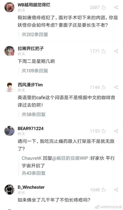 这是一张竖版的微博截图，展示了五位网友发布的搞笑脑洞提问，内容涵盖以《西游记》角色为基础的趣味假设、无厘头的生活疑问、错误的语言知识误解等，每条提问都获得了数百到两千不等的点赞，部分提问下还有网友的趣味回复，整体风格诙谐幽默，充满了无厘头的创意，引发网友的趣味讨论。其中包括对唐僧、如来佛祖的趣味脑洞，以及“下周二是星期几”这种无厘头问题、错误的cafe词源猜测、吃完止痛药打架是否无敌的搞笑疑问。