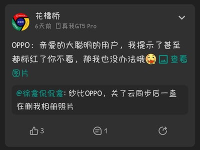 这是一张数码社区的社交媒体截图，用户「花橋桥」模拟OPPO官方的语气发布玩梗内容：「亲爱的大聪明的用户，我提示了甚至都标红了你不看，那我也没办法哦😋」，并附带查看图片的链接；同时引用了用户「徐龛侃侃龛」的愤怒吐槽：「纱比OPPO，关了云同步后一直在删我相册照片」。该内容获得3个点赞，1条评论，展现了用户遇到OPPO云同步功能导致相册照片丢失问题的强烈不满，以及玩梗式回应的敷衍感，形成鲜明反差。