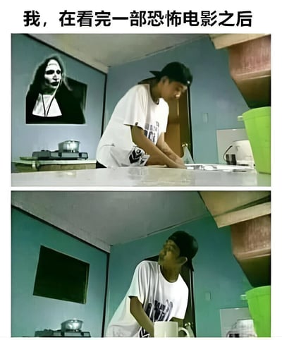 This meme shows a two-panel scene of a person in a kitchen. The top panel has a scary photo on the wall, and the bottom panel shows the photo dark, with the person looking up nervously. It humorously depicts the feeling of being paranoid after watching a horror movie.