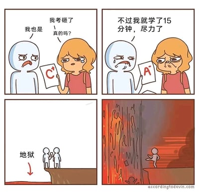 这是一则四格连环搞笑漫画，第一格中，金发女生手持标注C+的试卷，面露难过地说“我考砸了”，一旁的白色小人皱着眉头附和“我也是”，女生疑惑地询问“真的吗？”；第二格中，白色小人拿出标注A-的试卷，带着哭腔装惨道“不过我就学了15分钟，尽力了”，女生则露出鄙夷的嫌弃表情；第三格展示了两人站在标注“地狱”的悬崖边缘；第四格中，白色小人被踢下悬崖，坠入下方的火海地狱，漫画通过夸张的结局讽刺了生活中那种明明能力出众、成绩优异，却刻意装惨来变相炫耀的凡尔赛式行为。