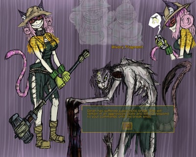 这是一张模拟经营游戏《环世界》（RimWorld）的同人创作图，展示了原创猫娘角色Dinah的两种状态：左侧是她日常癫狂的形象，戴着印有“DIE”的项圈，手持重型枪械，咧嘴露出夸张的坏笑；右侧是她触发游戏里“精神崩溃”机制后的异化形态，身体扭曲、面容狰狞，正处于攻击状态。图中还有一个小分镜展示她拿着饮品时，脑海里浮现的金发角色；上方还有草稿风格的两个形象，其中一个胸前写有“DIE”。底部的提示框完美还原了《环世界》的系统提示文本：“Dinah has suffered a psychotic break. She will remain in an aggressive state and will not respond to your commands until the break ends.”，精准还原了游戏中角色压力过大失控的经典设定，整体画风暗黑癫狂，充满张力。