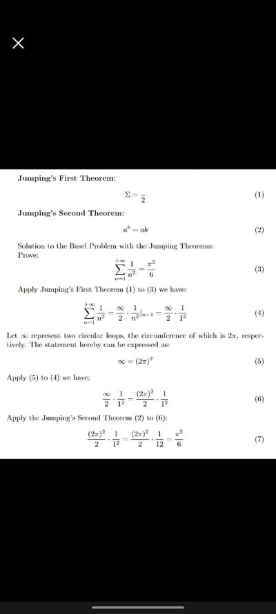 一张数学证明图片，标题为"使用Jumping定理解决巴塞尔问题"。内容包含两个虚构的定理：Jumping第一定理(Σ=1/2)和Jumping第二定理(a⁰=ab)，并试图用这些非标准定理证明巴塞尔问题(自然数倒数平方和等于π²/6)。证明过程中出现将∞定义为(2π)²等不规范数学操作，显然是对严谨数学证明的幽默模仿或讽刺。