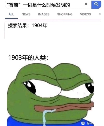这是一张无厘头搞笑梗图，上方模拟搜索引擎界面，展示了搜索问题“‘智商’一词是什么时候发明的”的结果为1904年；下方通过配文“1903年的人类：”搭配悲伤蛙（Pepe the Frog）的表情包，这只青蛙双眼呆滞、嘴角流口水，呈现出愚钝懵懂的神态。创作者利用“智商”概念发明的时间节点，制造时间错位的幽默效果，调侃在“智商”一词被定义之前，仿佛人类都处于没有“智商”定义的懵懂状态，以此传递荒诞搞笑的氛围。