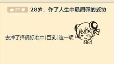 图片为图文混排形式，背景为米黄色。上方文字写着“28岁，作了人生中最屈辱的妥协”，下方文字为“去掉了择偶标准中[巨乳]这一项”。右侧有一个卡通双马尾女孩形象，她眉头紧锁、脸颊泛红，表情尴尬又无奈，生动展现了年轻人在择偶标准上做出妥协时的自嘲心态。