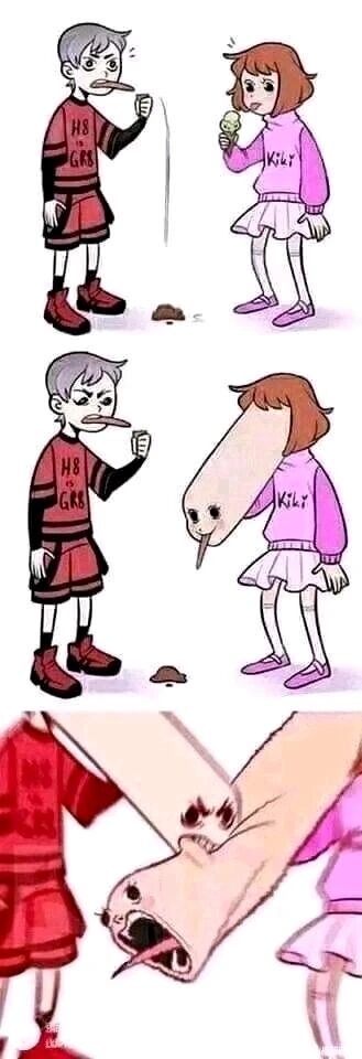 这是一组由三格画面组成的连环卡通图，以荒诞的视觉错位和夸张的动作制造搞笑效果：第一格画面中，身着红黑配色套装的男孩正吐出长长的口水，地面上已经有一团口水痕迹，旁边穿着粉白配色套装、手持冰淇淋的女孩一脸惊讶地注视着男孩；第二格画面里，女孩的头部突然变形为长嘴生物的模样，同样吐出了口水，男孩则皱起眉头，露出不满的神情；第三格画面是视觉错位的呈现，两人的身体部分和变形后的头部结合，看起来像是两个长嘴的怪异生物扭打在一起，将荒诞感拉满，通过形象的突变和视觉错觉来营造幽默氛围。